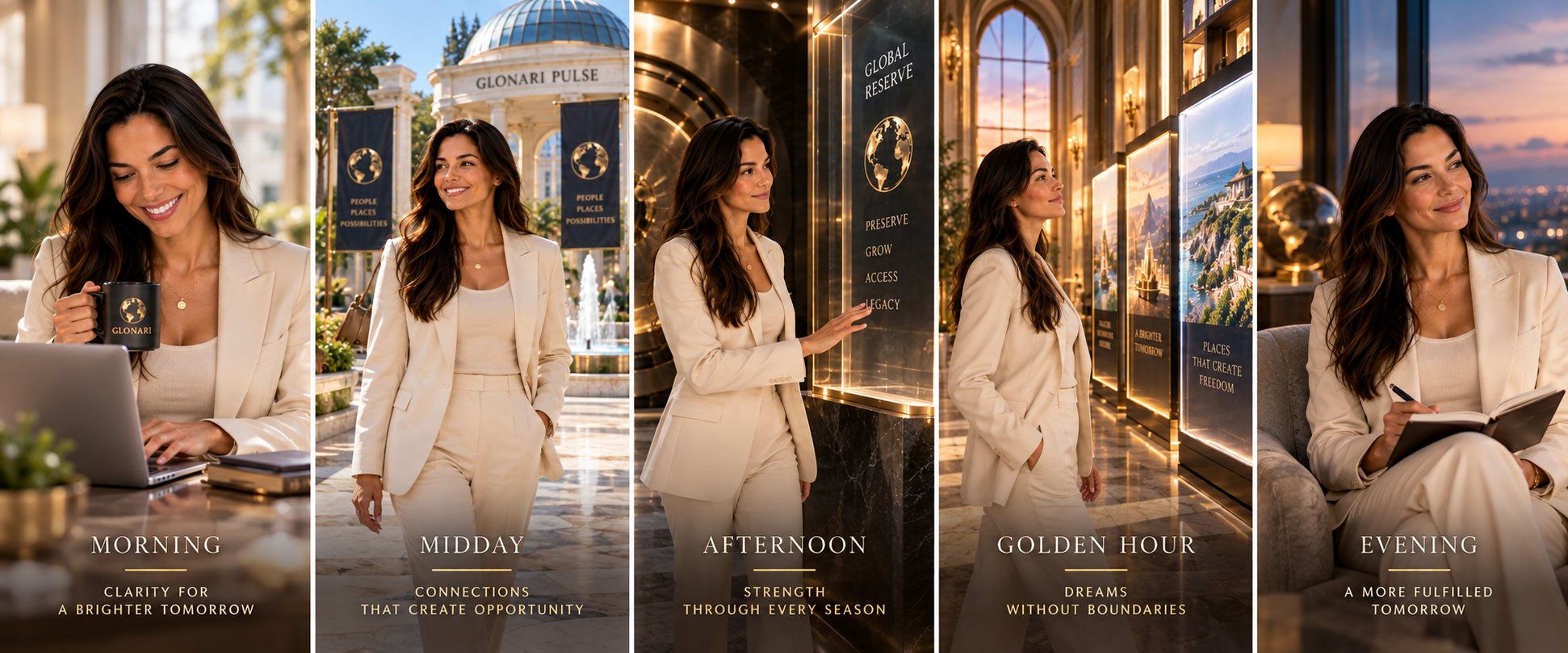 Five panels of a day with Gia: morning clarity, midday connections, afternoon strength, golden-hour dreams, and a fulfilled evening