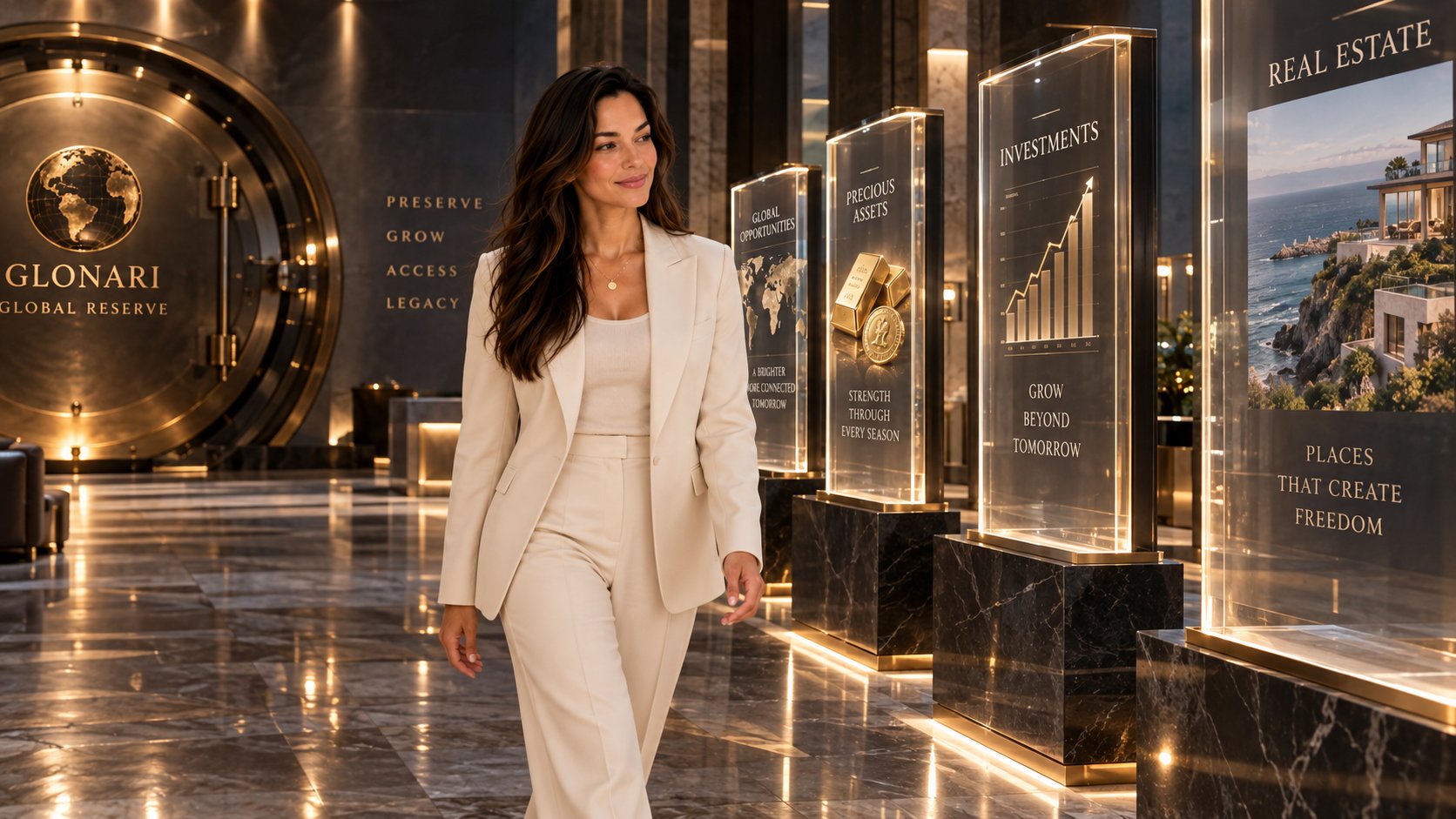 Gia walking the Global Reserve hall — Preserve, Grow, Access, Legacy
