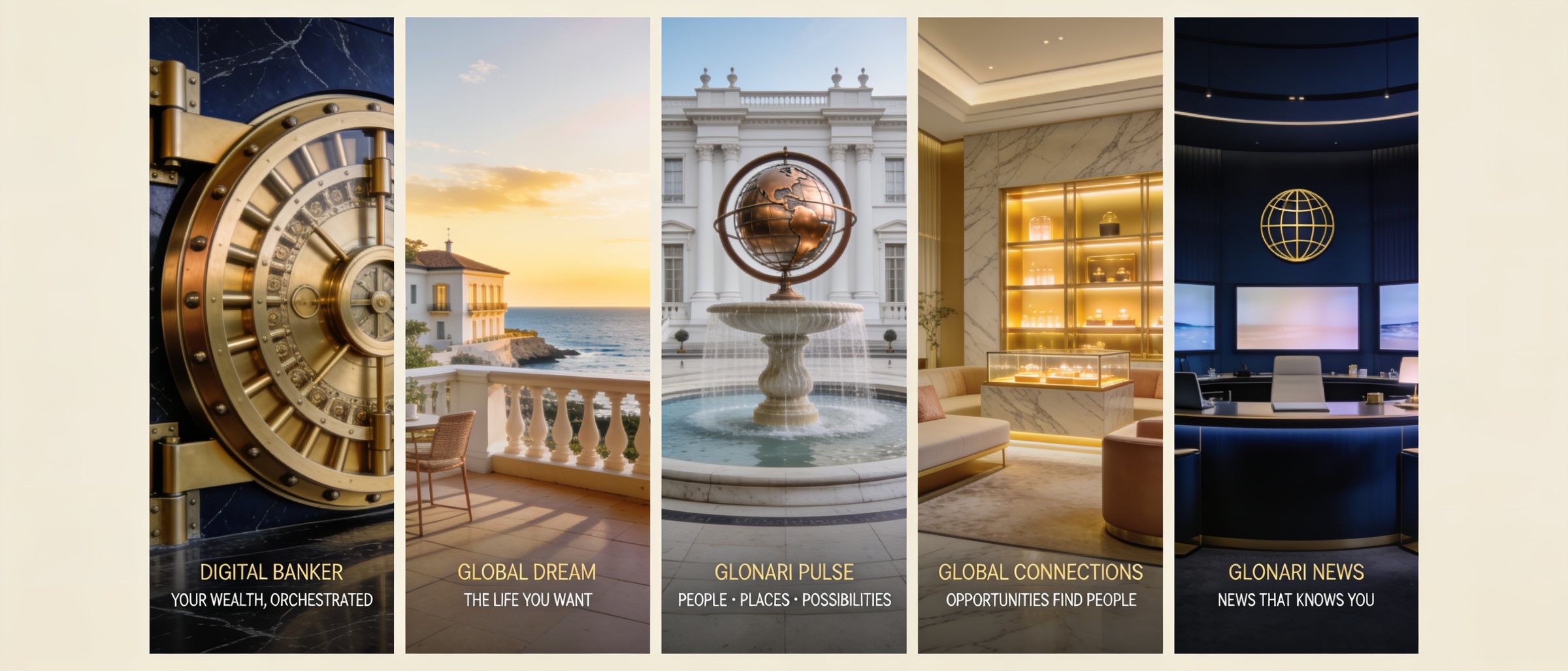 Five panels of the Glonari experiences: Digital Banker, Global Dream, Glonari Pulse, Global Connections, and Glonari News
