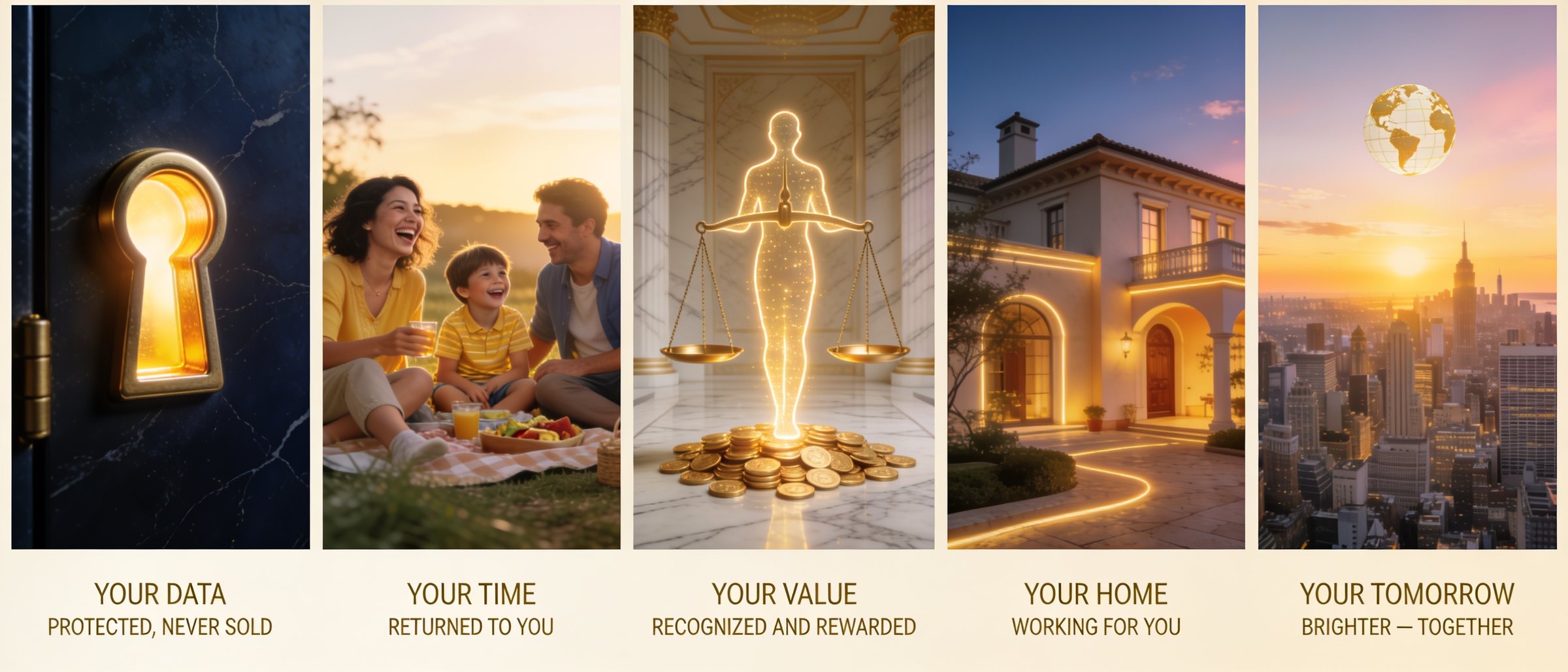 Five panels of the Glonari promise: your data protected, your time returned, your value recognized, your home working for you, your tomorrow brighter